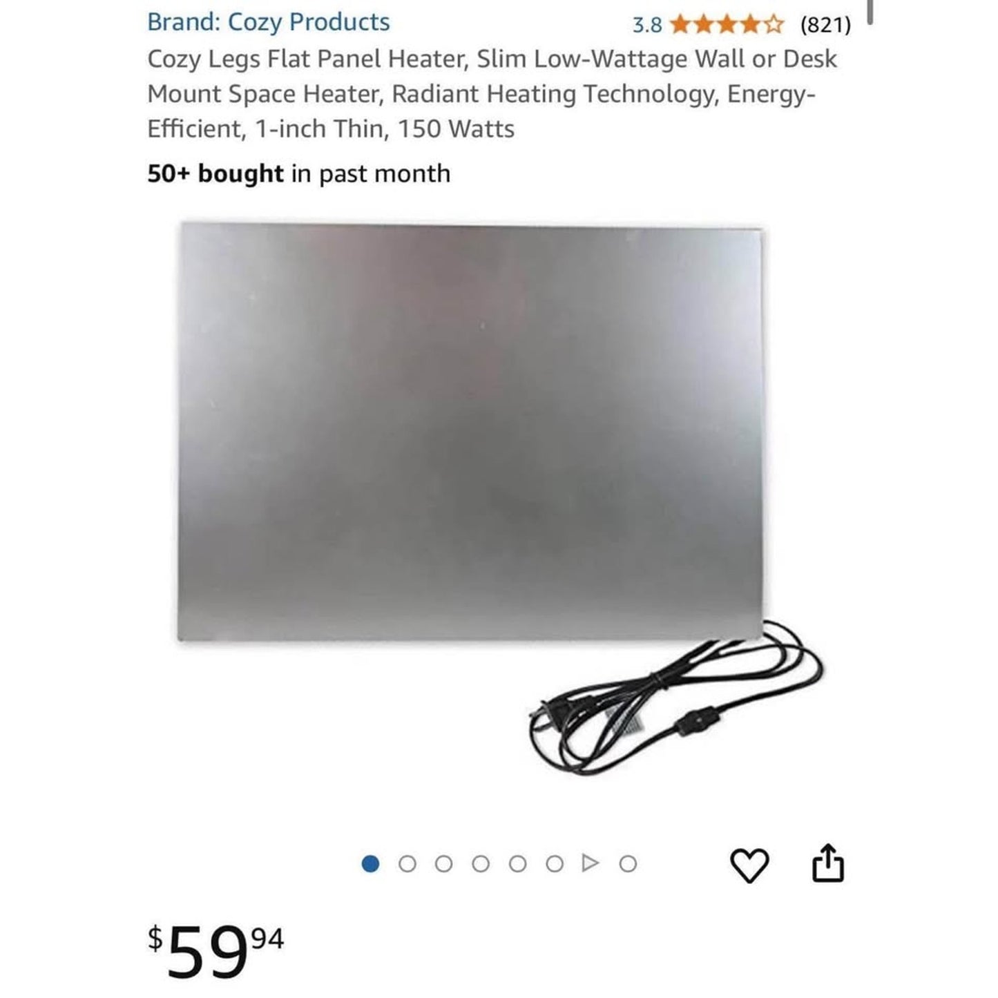 Cozy Legs Flat Panel Heater, Slim Low-Wattage Wall or Desk Mount Space Heater, Radiant Heating Techn