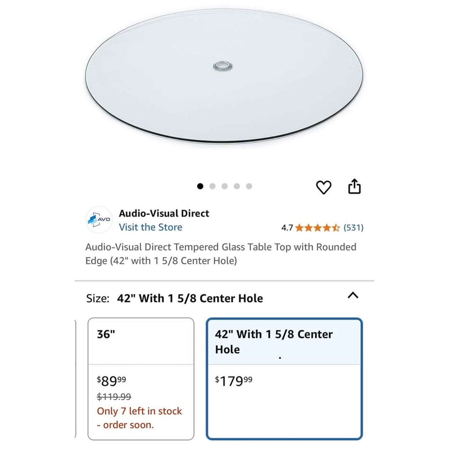 Audio-Visual Direct Tempered Glass Table Top with Rounded Edge (42" with 1 5/8 Center Hole)