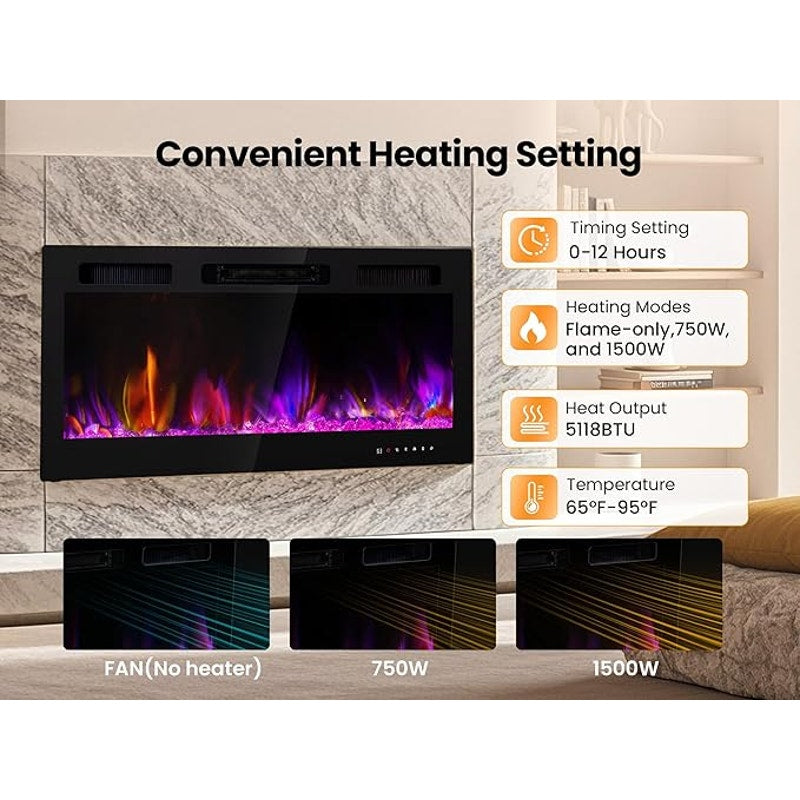 Electric Fireplace 50 In Wall Mount Insert Realsmart 1500W,Fit for 2X6 stub,12 Flame.12 Flame.Black