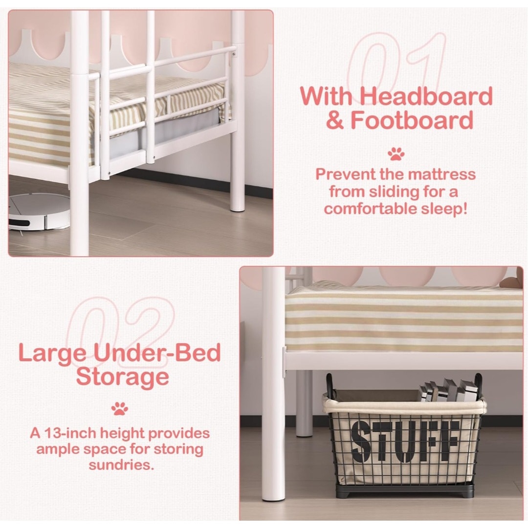 VECELO Bunk Bed Twin Over Twin, Metal Bunkbeds with Ladder and Full-Length Guardrail, No Box Spring Needed, Space Saving, Noise Free, White