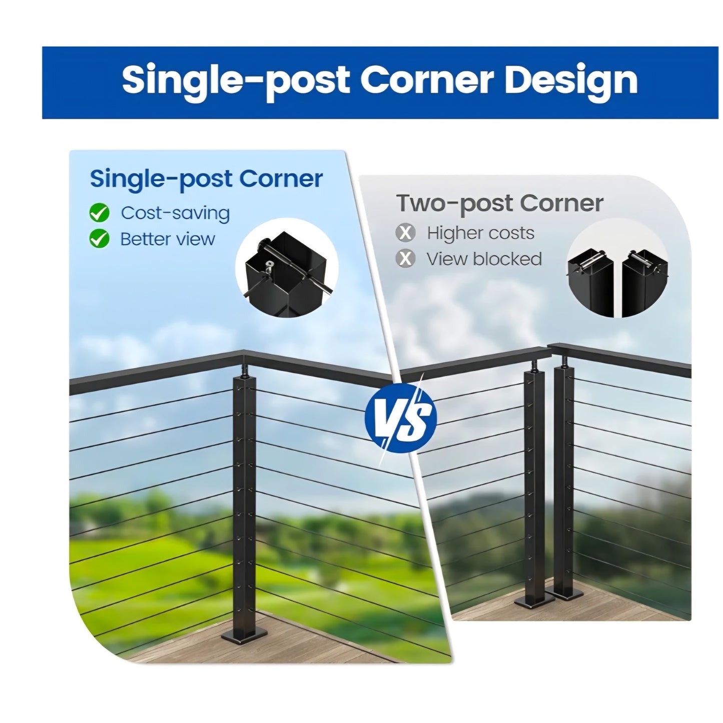 Muzata Black Corner Cable Railing Post 36 Inch 36"x2"x2" T-drilled One-Post Corner Solution Surface