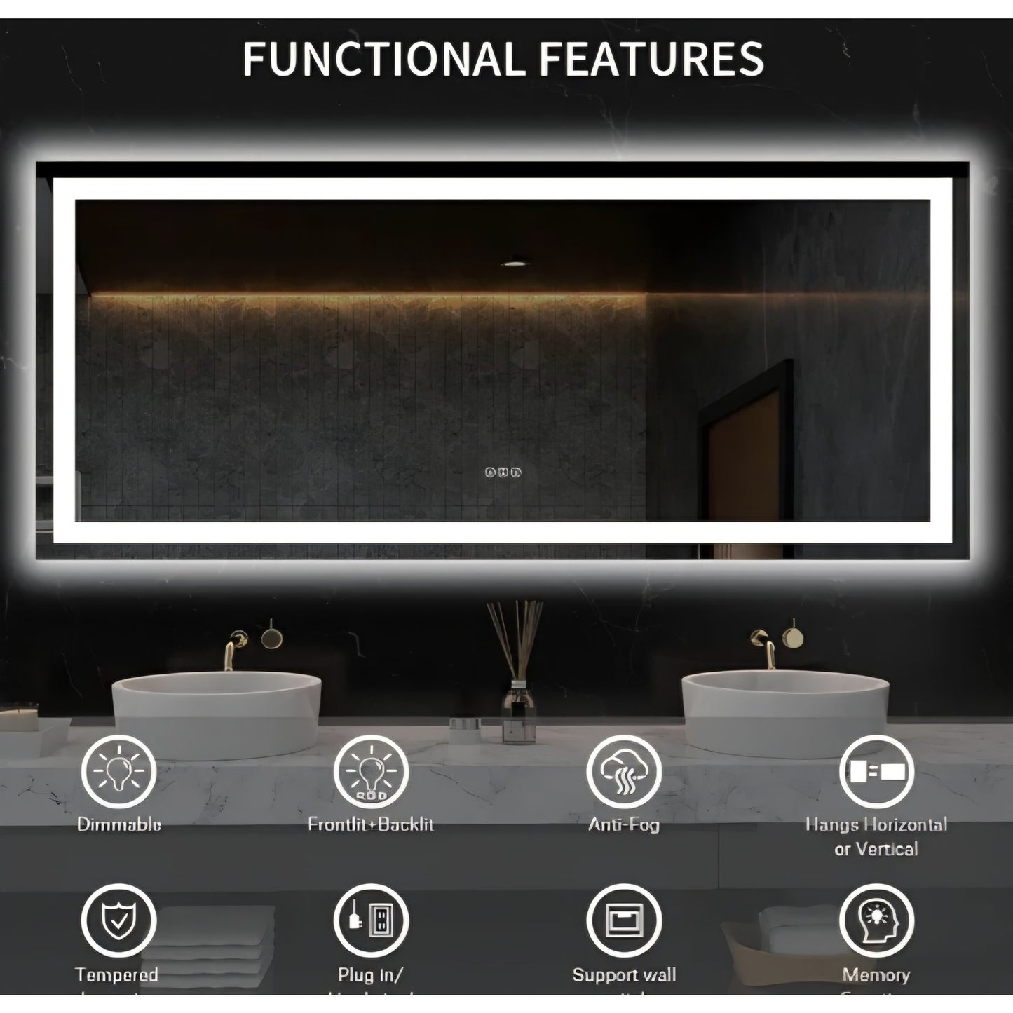 60X28 LED Bathroom Mirror with Lights, Anti-Fog, Dimmable, Backlit + Front Lit