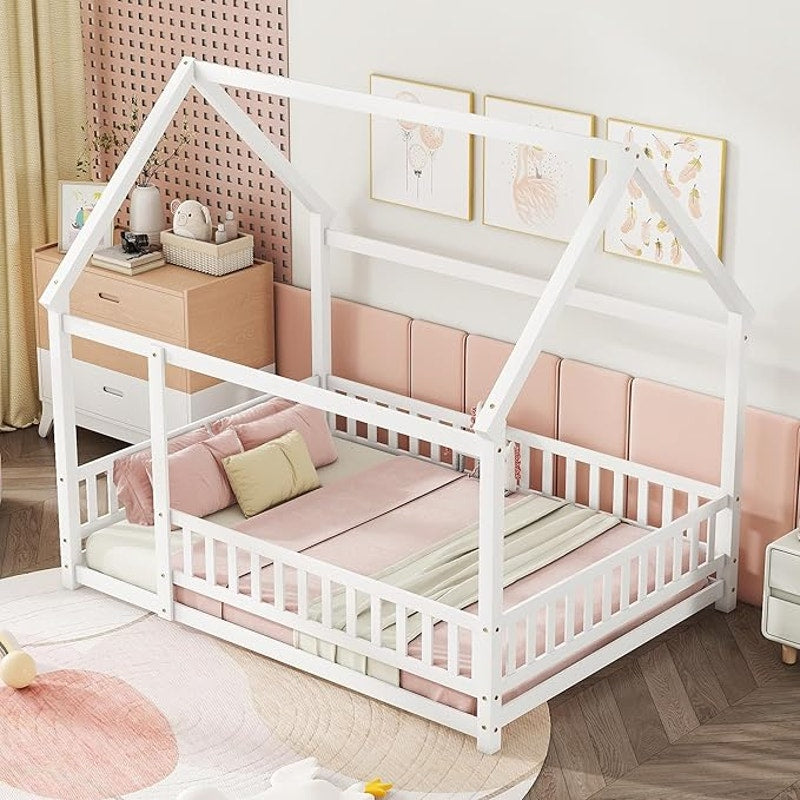 Bellemave Full Size House Floor Bed,Wooden, with Fence and Roof for Kids,(White)79.5"Lx60"W x73.8"H