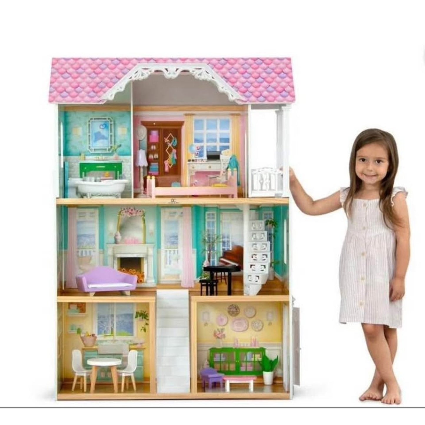Delta Children MySize Dollhouse - Large Wooden 3-Story Dollhouse with 7 Rooms Includes 12 Accessorie