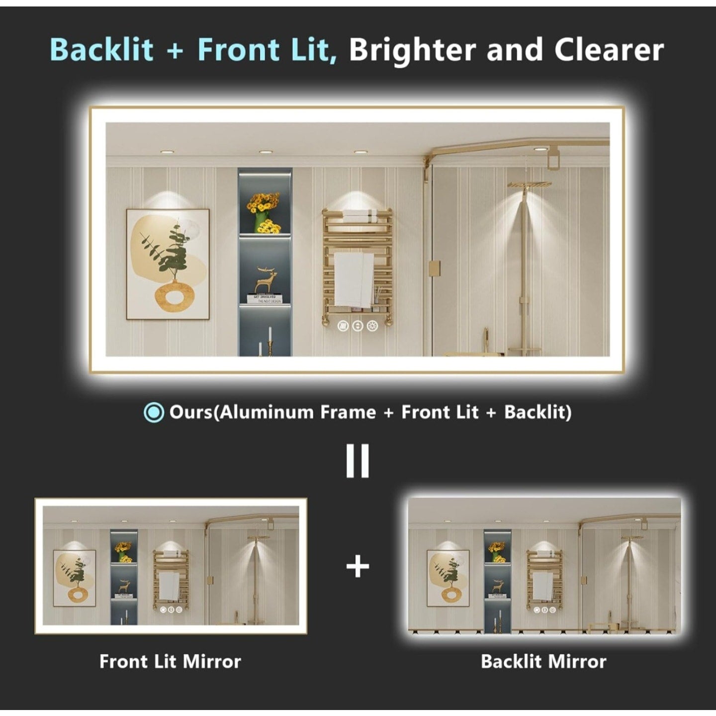 84x32 Gold Framed LED Bathroom Mirror with Lights, Backlit + Front Lit, Anti-Fog Lighted Vanity