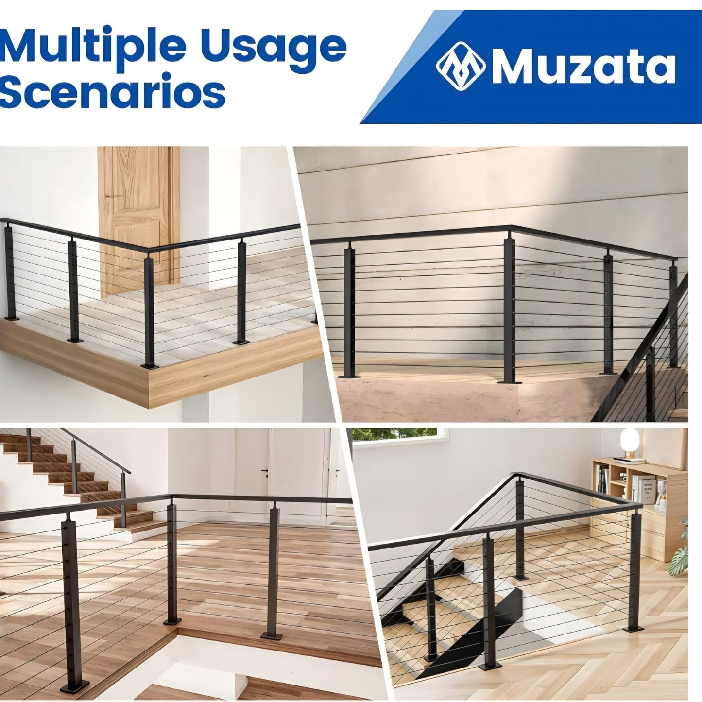 Muzata Black Corner Cable Railing Post 36 Inch 36"x2"x2" T-drilled One-Post Corner Solution Surface