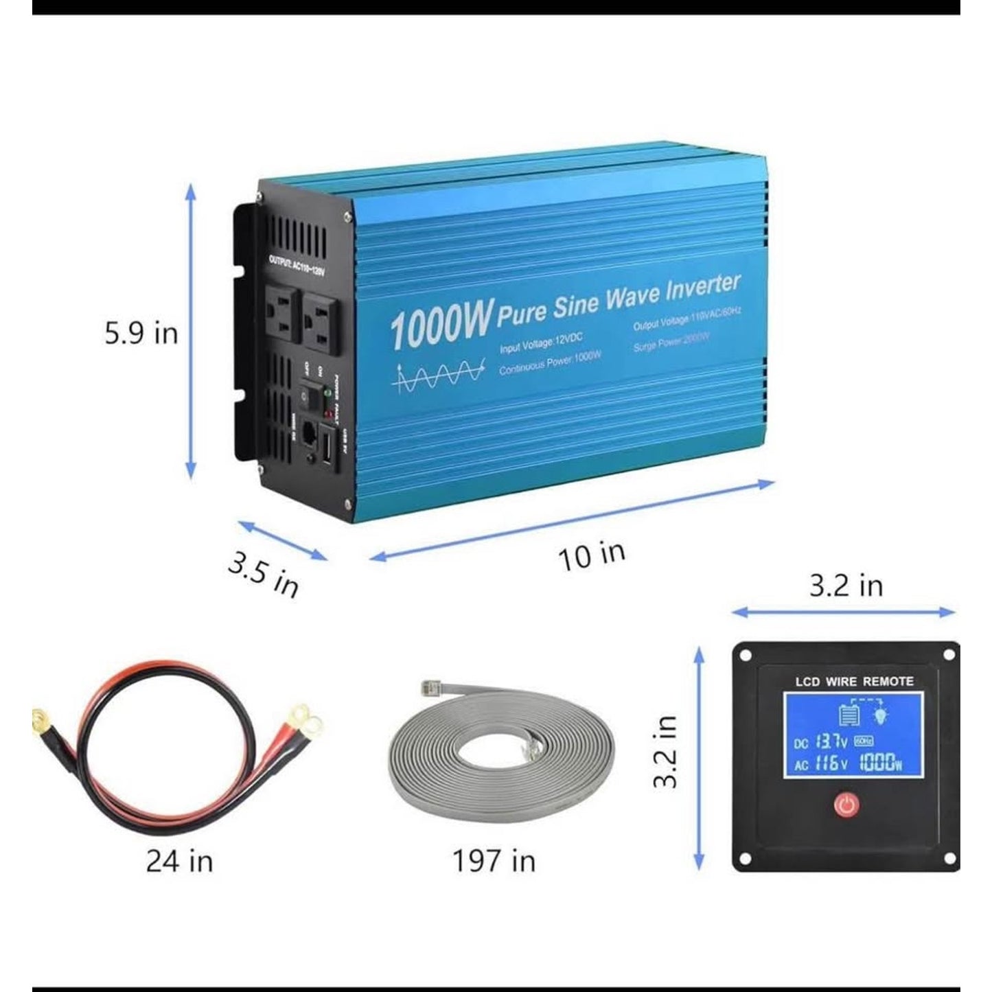 Pure Sine Wave Power Inverter 1000W DC12V to AC 110V with Dual sockets and USB, LCD Remote kit. (100