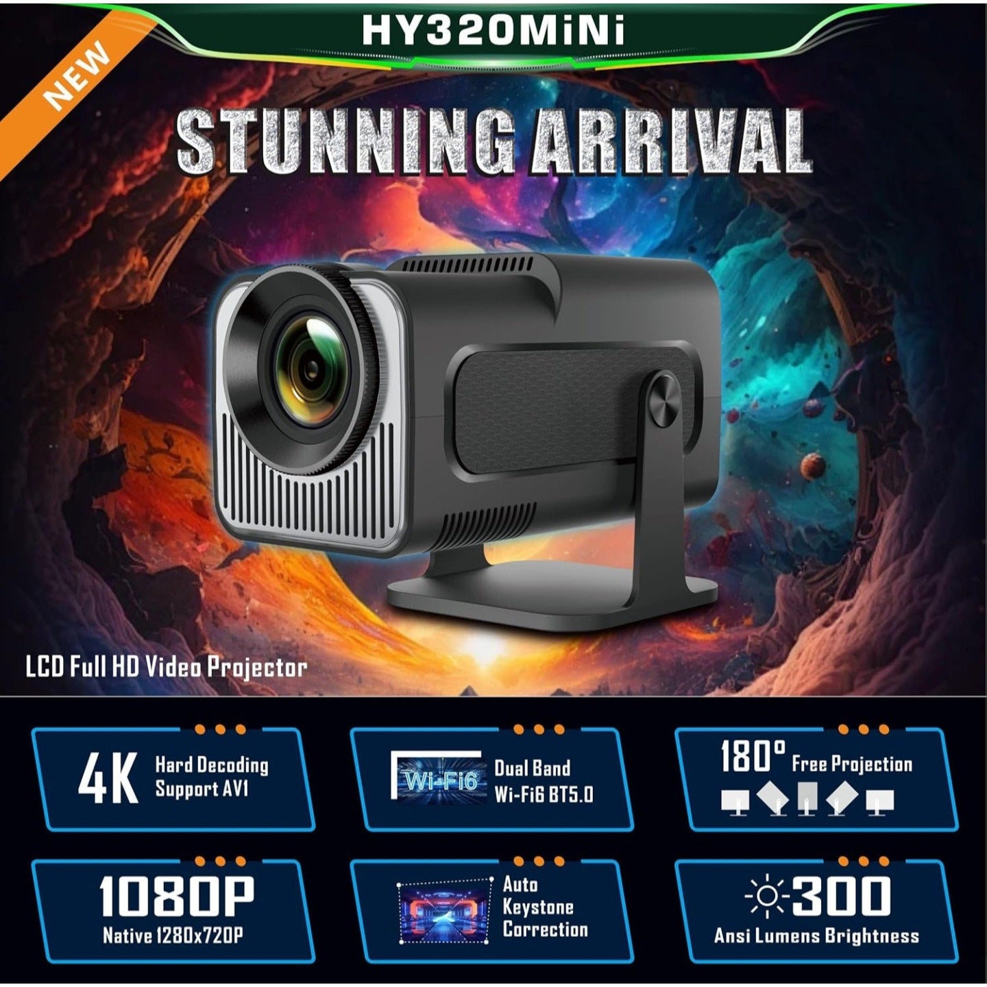 Portable Projector, HY320 Mini Projector with WiFi and Bluetooth, Support 4K 1080P with Dual-Band
