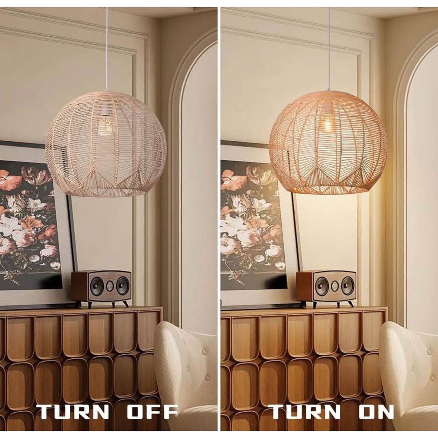 Light Rattan Chandelier Wicker Beige Pendant Light Boho Coastal Round Hanging Light Fixture for Kit
