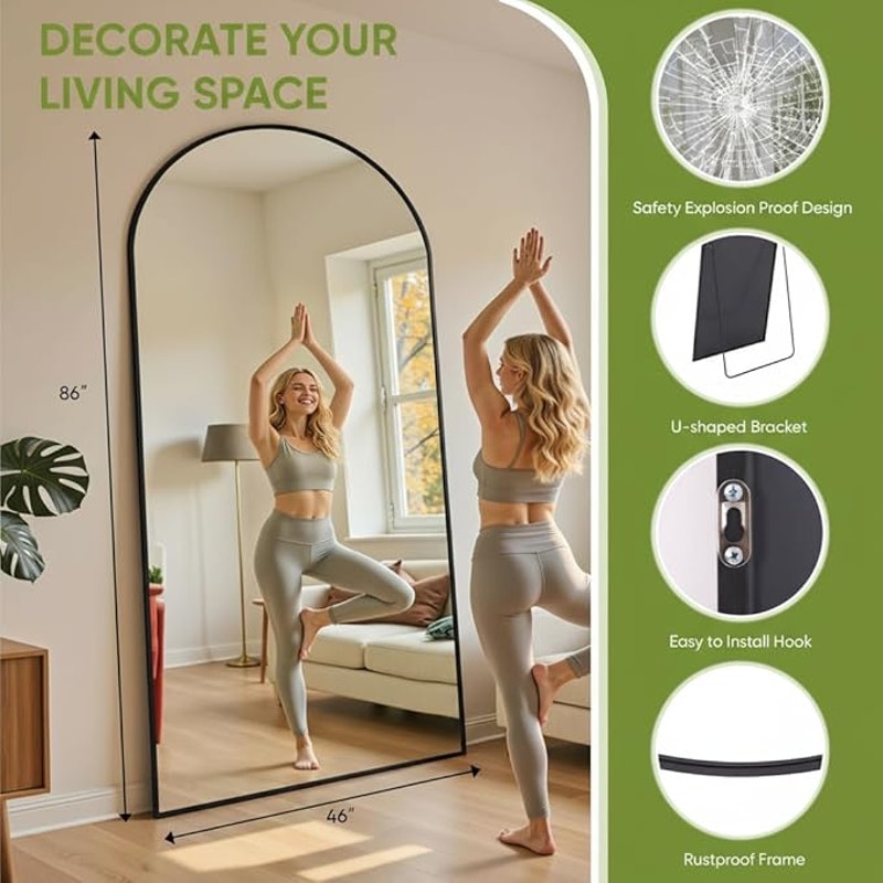 Full Length Mirror 86" L x 46" Full Body Standing, for Bedroom, Living Room, Arched Style Black