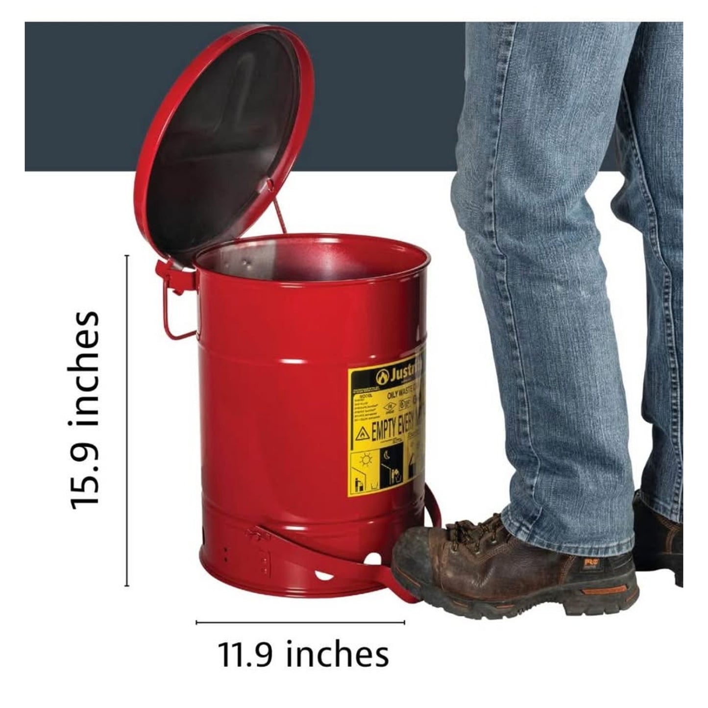 Justrite 6 Gallon Galvanized Steel Oily Waste Can, 16" x 12" Metal Oil Rag Safety Can with Quiet Foo