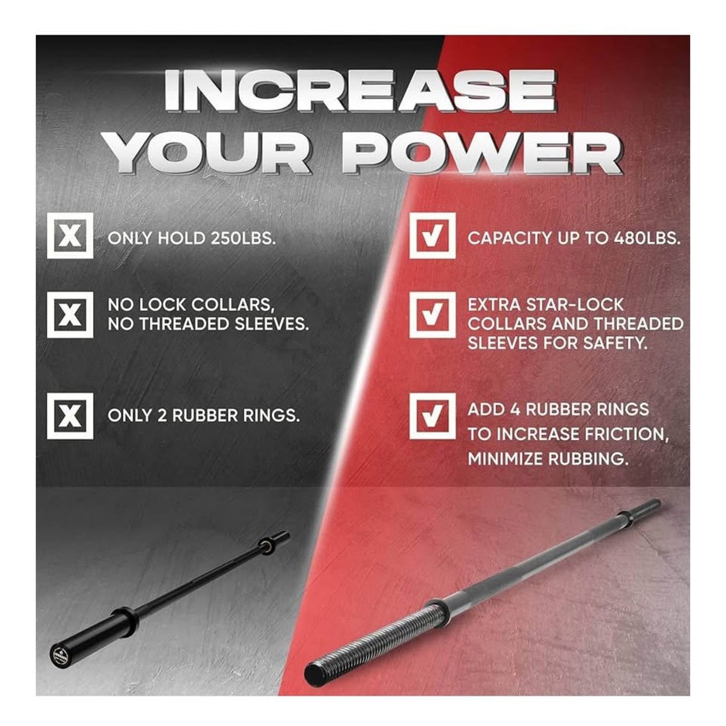 Yes4All 480LB Standard Straight Barbell 60" & EZ Curl Bar 47", Weight Bar 1" Diameter - Star Lock Co