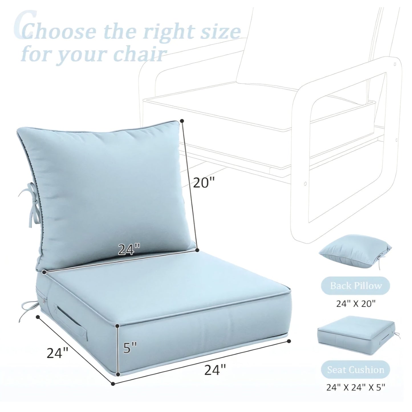 Outdoor Patio Chair Cushions Set 24 L X 24 W X 5 H Waterproof & Fade Resistant Deep Seat and Back
