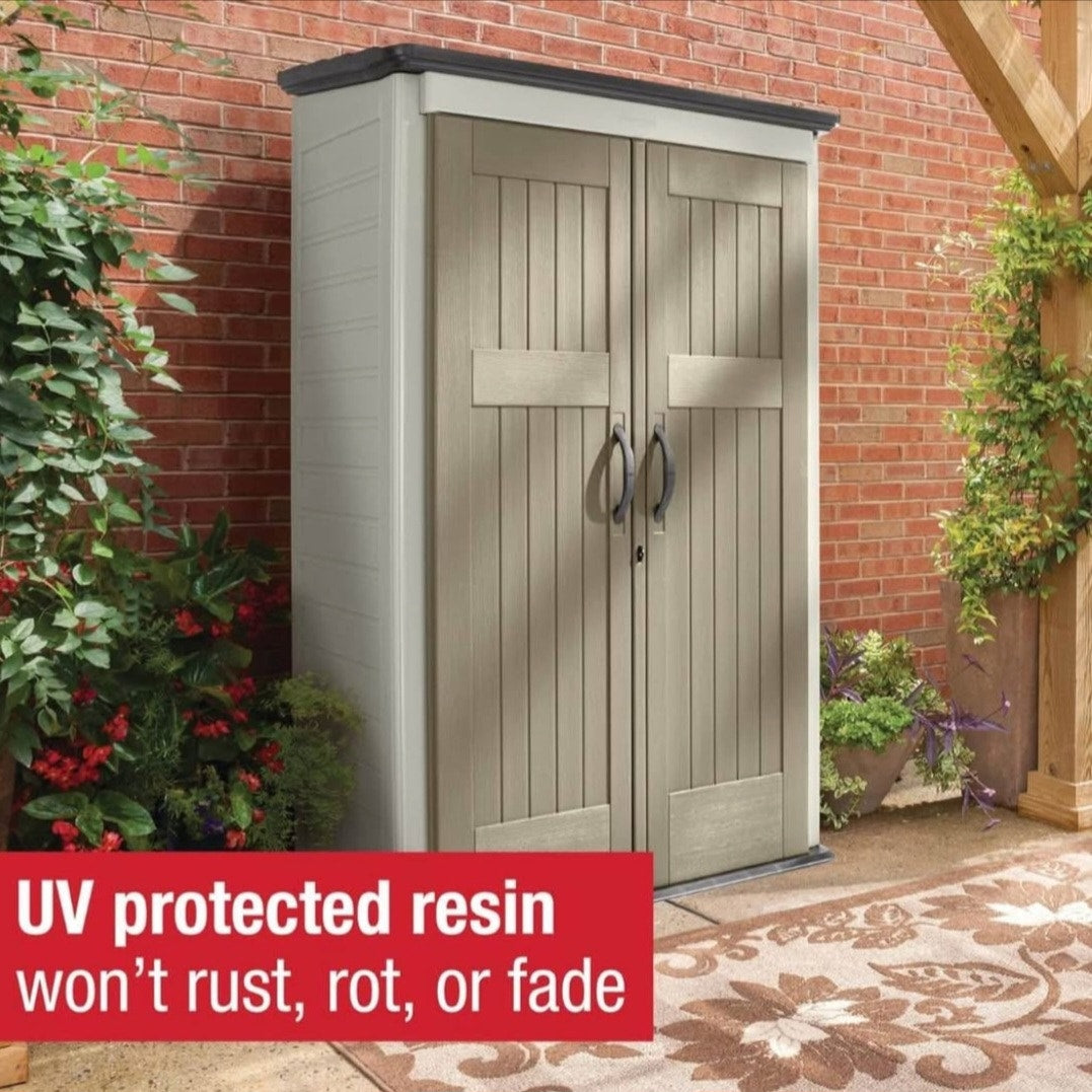 Rubbermaid Vertical Resin Outdoor Storage Shed With Floor (4 x 2.5 Ft) Weather Resistant Beige