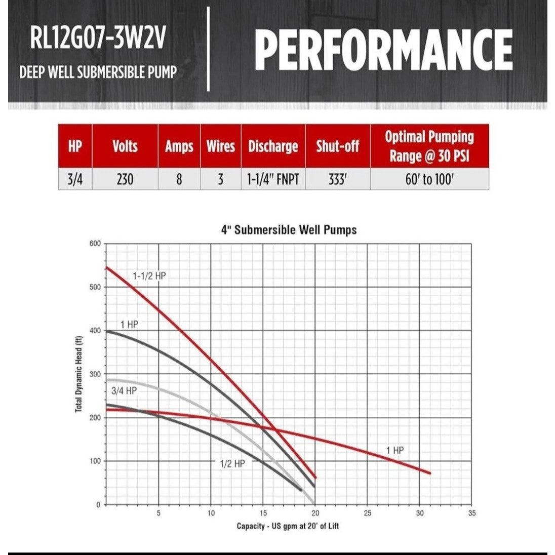Red Lion 14942406 RL12G07-3W2V 4-inch Submersible Deep Well Pump with Control Box, 3/4 HP, 12 GPM, 3