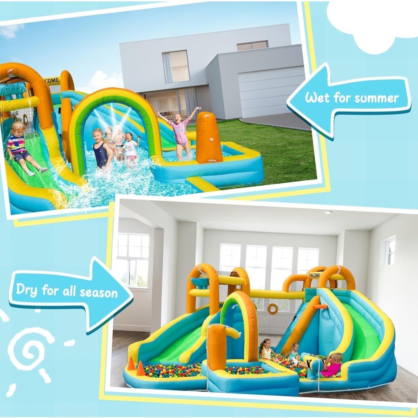 Inflatable Water Slide, Bounce House with 2 Slide for Kids, Inflatable Waterslide Park with Splash Pool, Basketball Hoop, Ball Shooting & Water Cannon for Backyard, Outdoor, Indoor