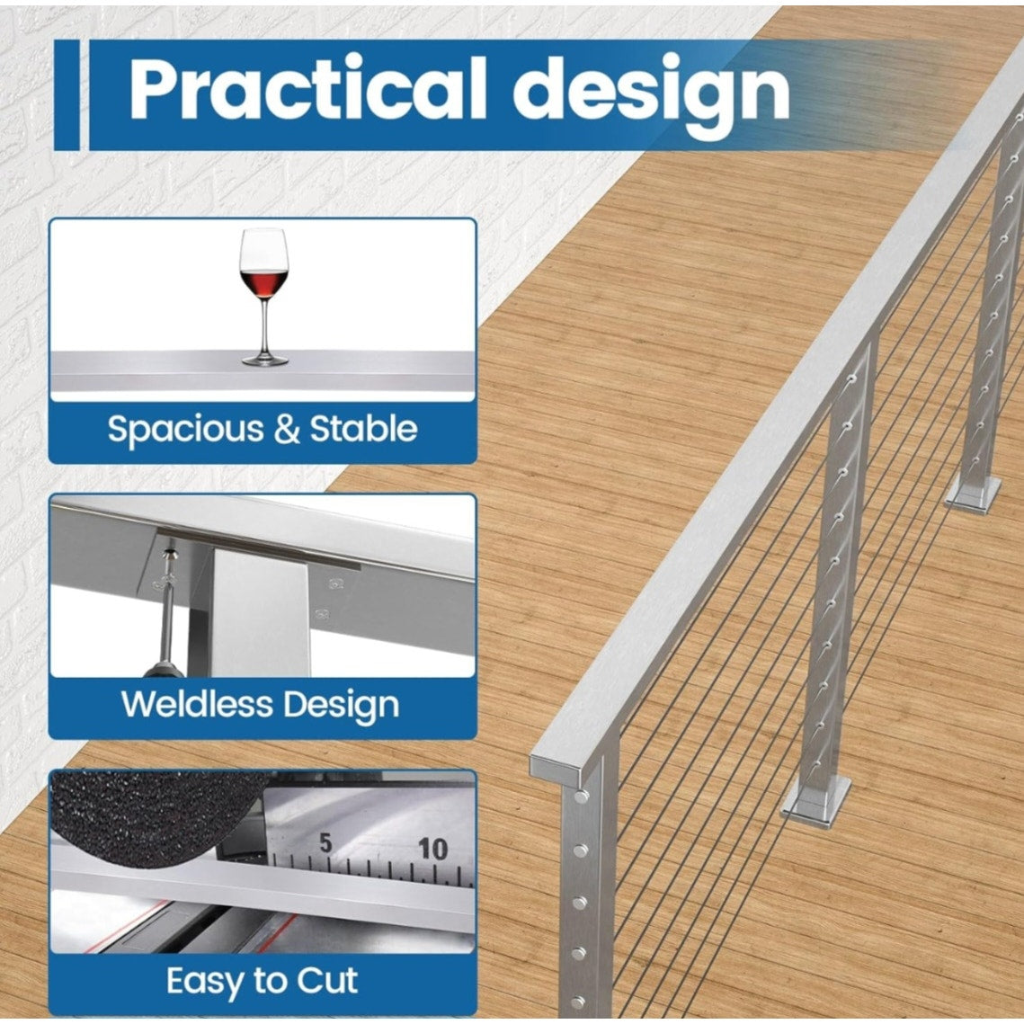 6'6" Stainless Rectangular Handrail Top Rail Cable Railing System Deck Stair Indoor Outdoor