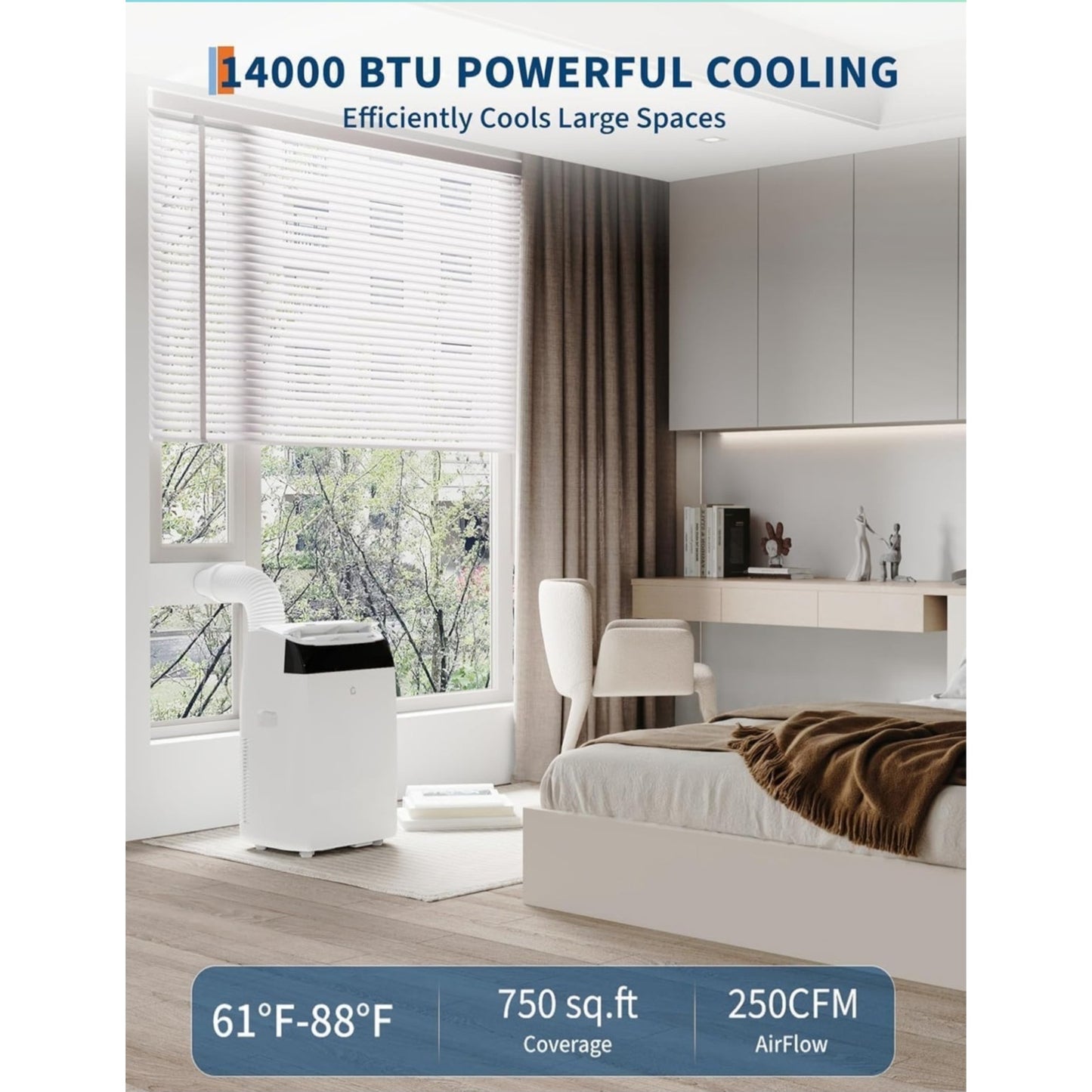 14,000 BTU Portable Air Conditioner - Cools 750 Sq.Ft, 3-in-1 Portable AC (ASHRAE) Dehumidifier Fan, Remote Control Window Kit, Quiet Portable Air Conditioners for Bedroom 48dB for Home, Office