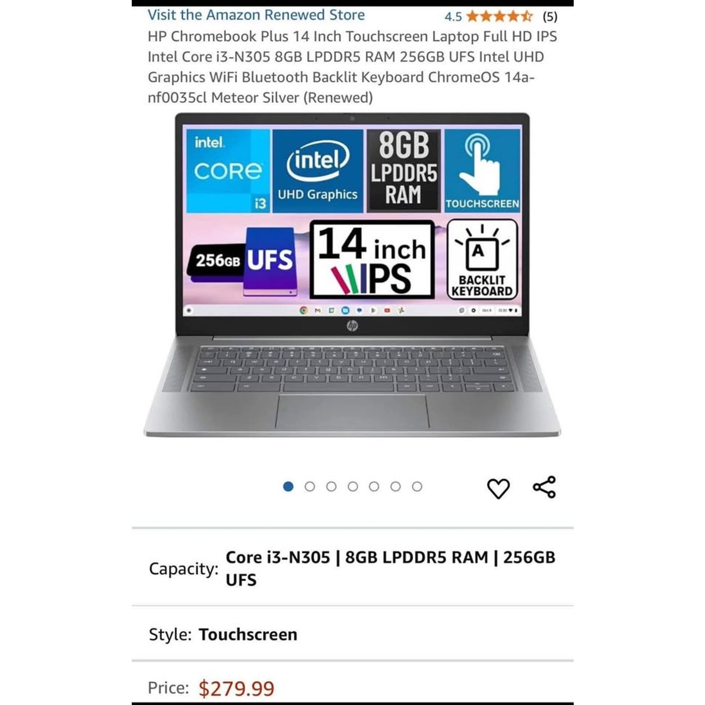 HP Chromebook Plus 14 Inch Touchscreen Laptop Full HD IPS Intel Core i3-N305 8GB LPDDR5 RAM 256GB UF