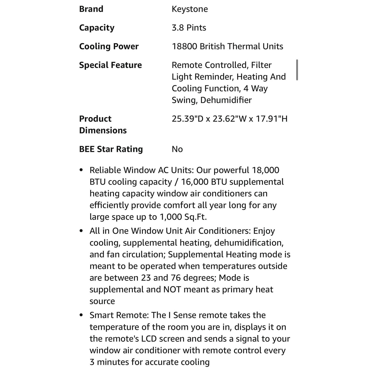 Keystone 18,800 BTU Window-Wall Air Conditioner with 16,000 BTU Supplemental Heating