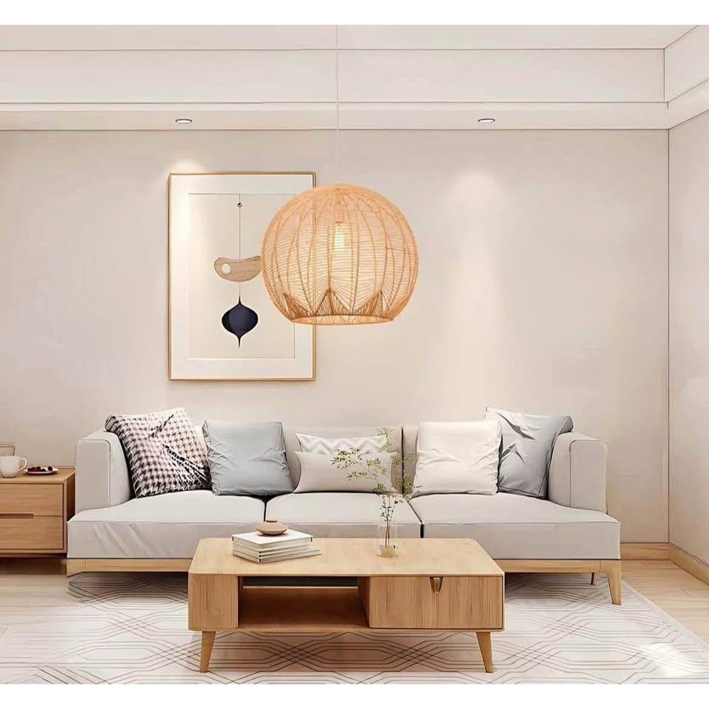 Light Rattan Chandelier Wicker Beige Pendant Light Boho Coastal Round Hanging Light Fixture for Kit