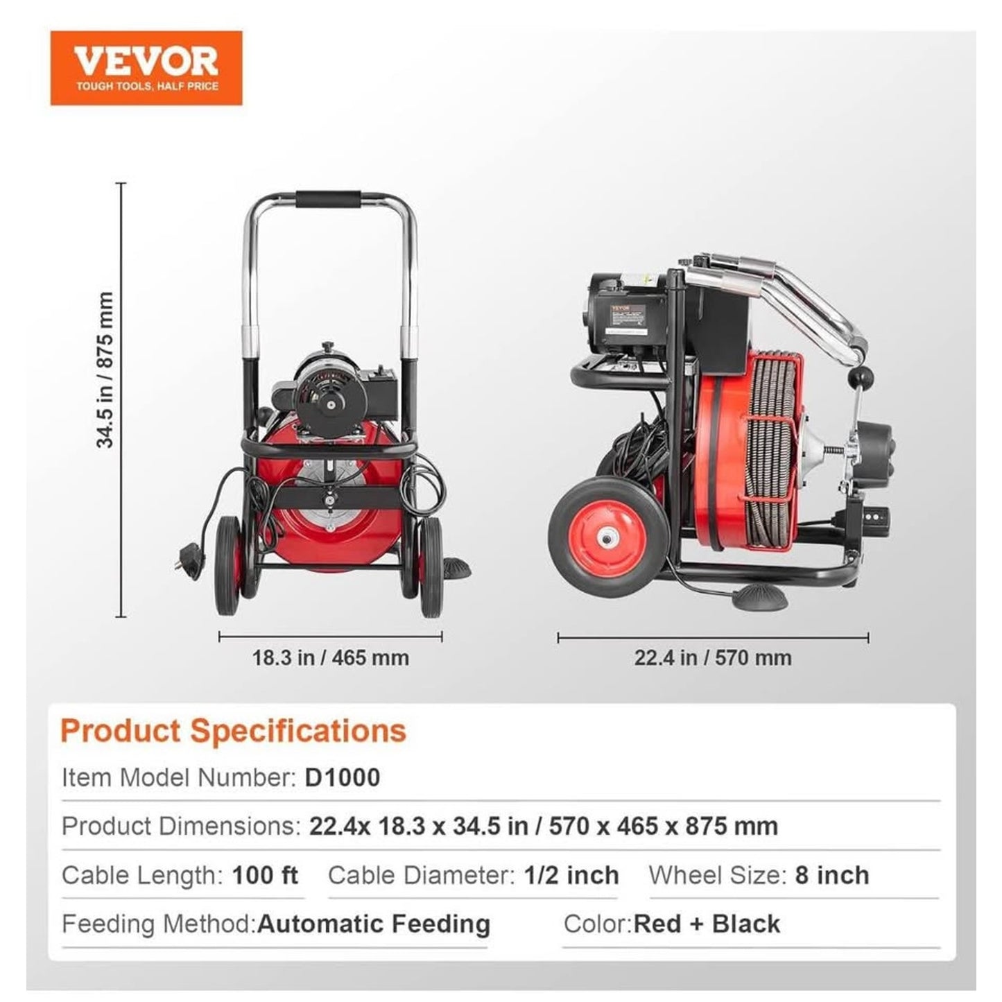 VEVOR Drain Cleaner Machine 100FT x 1/2 Inch, Auto Feed Sewer Snake Auger on Wheels, 550W Portable D