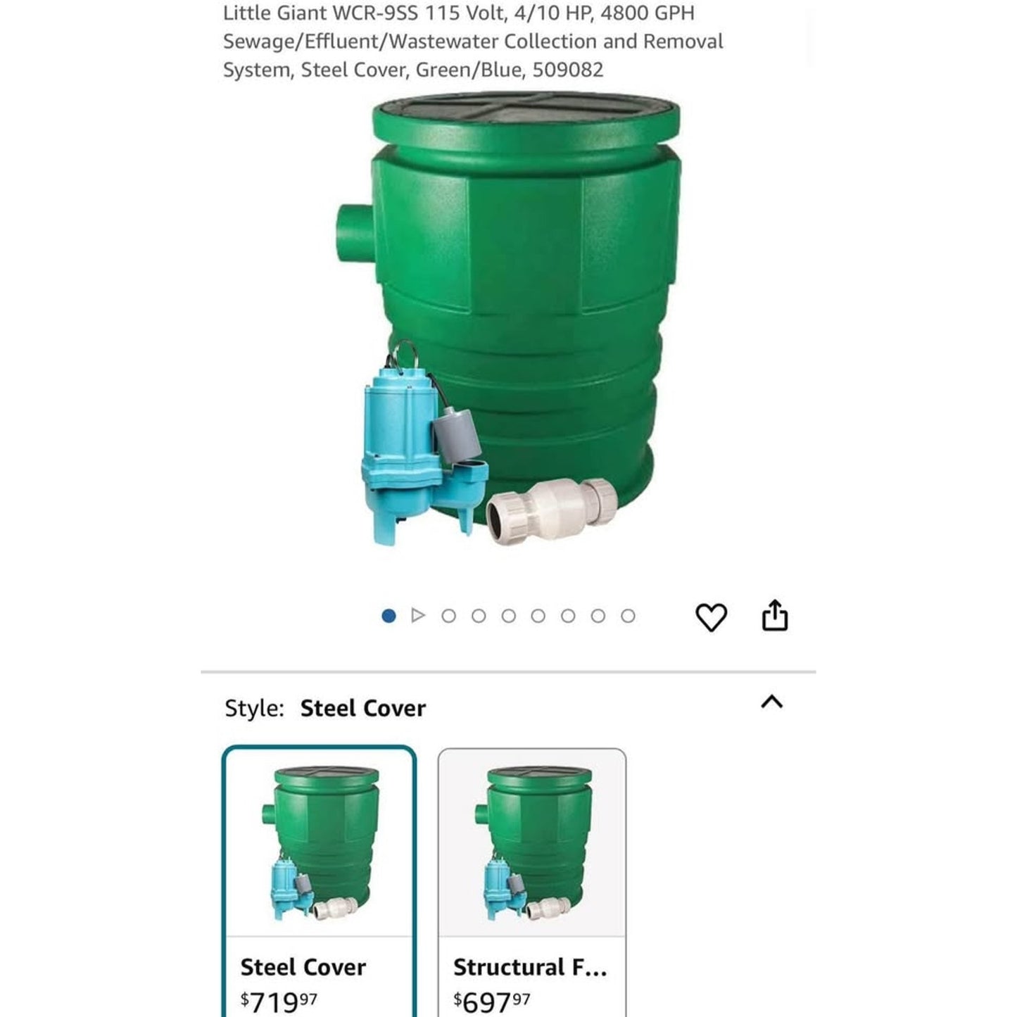 Little giant WCR-9SS 115 Volt, 4/10 HP, 4800 GPH Sewage/Effluent/Wastewater Collection and Removal S