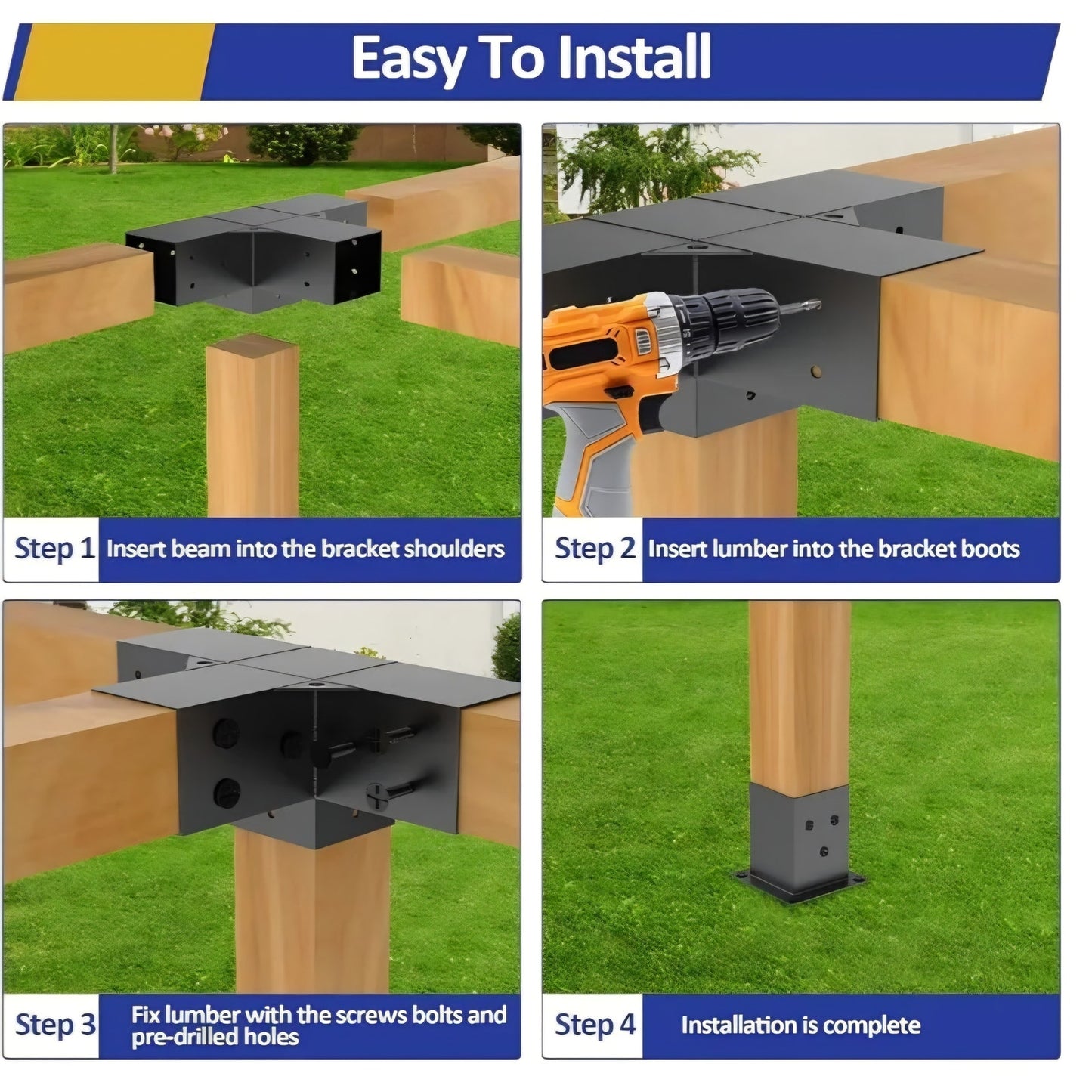 Heavy Alloy Steel Pergola Kit with 3-Way Brackets for 4"x 4" (Actual 3.6" X 3.6") LumberDIY Pergola