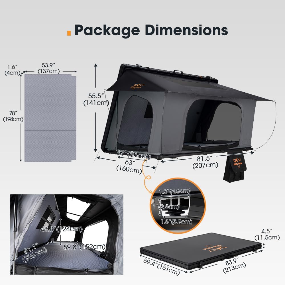 SanHima Rooftop Tent Hard Shell-Hotham Side Overland Al. Roof Top Tent, 81"x60"x49"