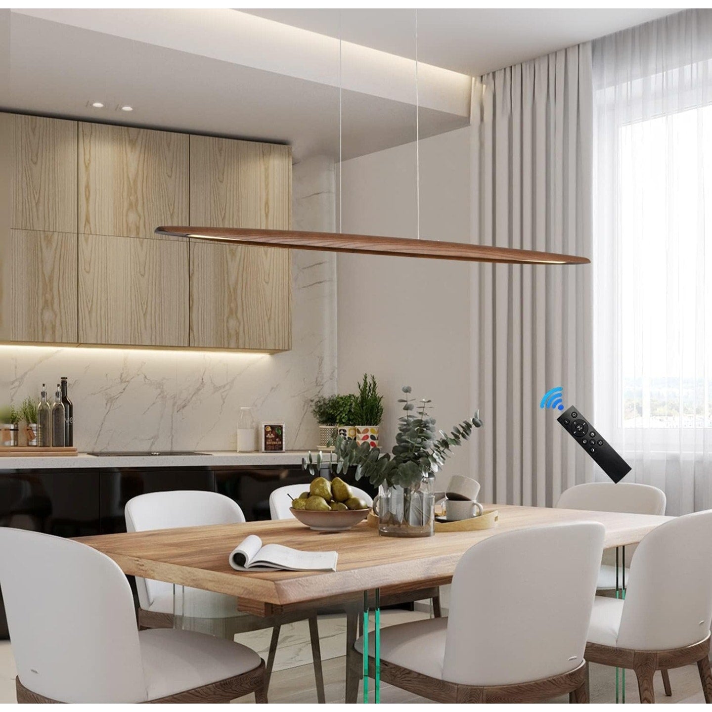 39" Wood Linear Pendant Light LED Dimmable Hanging Light Dinning Room Light Fixture Island Lights