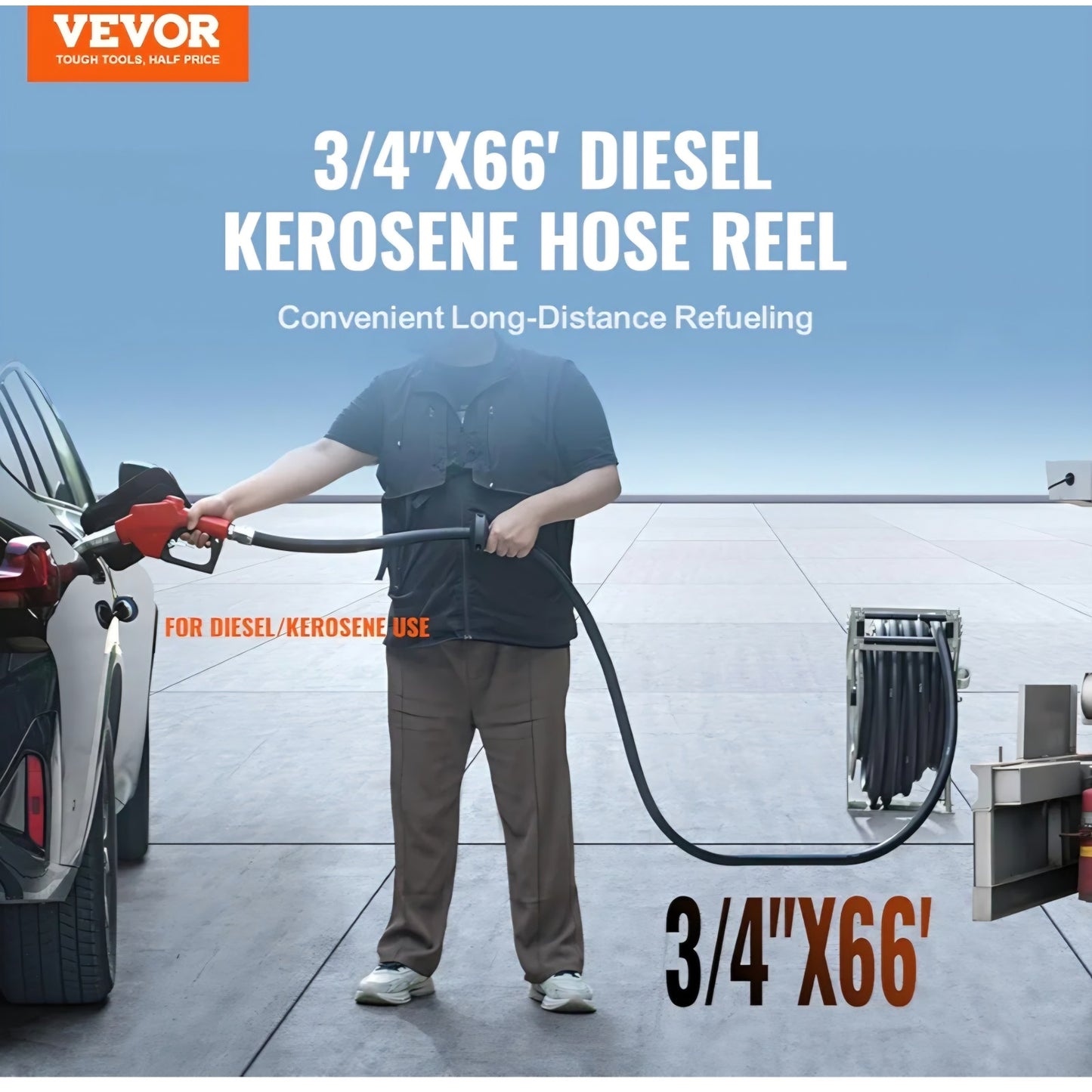 VEVOR Fuel Hose Reel, 3/4" x 66', Extra Long Retractable Diesel Hose Reel,Carbon Steel Construction