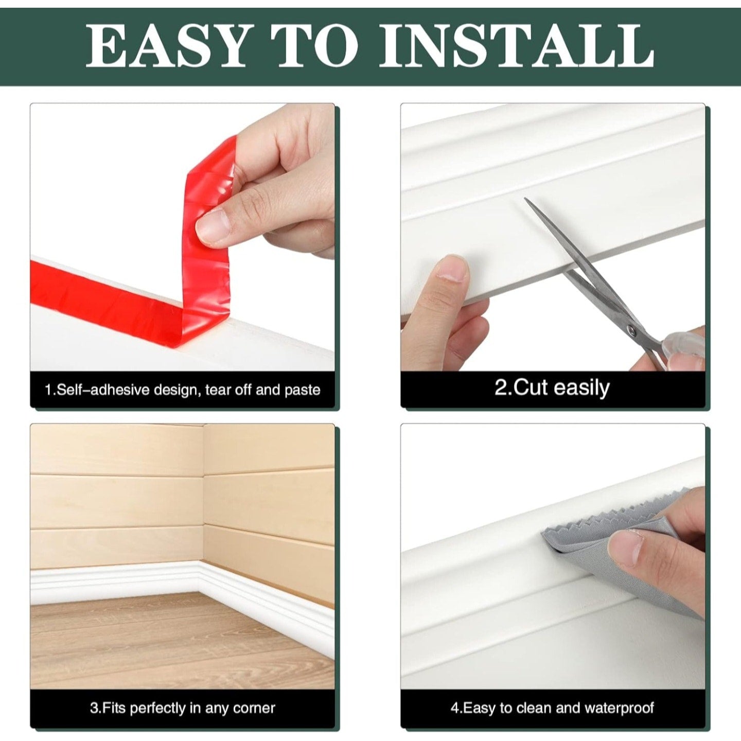 Sasylvia 2 Pcs Flexible Baseboard Molding Trim 4 Inch x 16 Feet Self Adhesive Vinyl Wall Base Peel