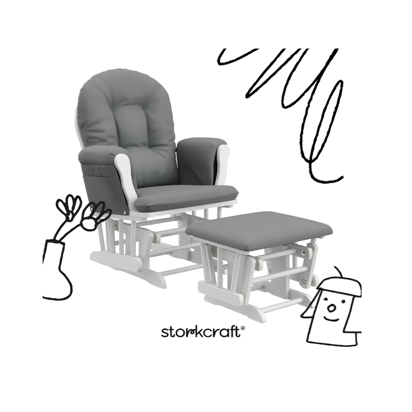 Storkcraft Premium Hoop Glider & Ottoman (White/Gray) — GREENGUARD Gold Certified Nursery