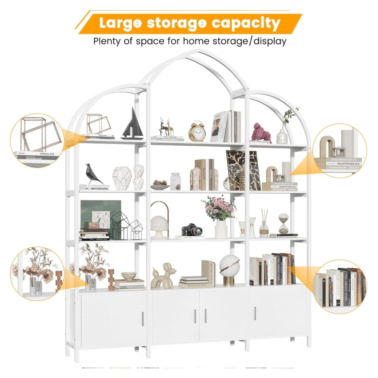 Semoic Arched Bookshelf and Bookcase with 3 Cabinets, Triple Wide 5 Tier Standing Book Shelf,