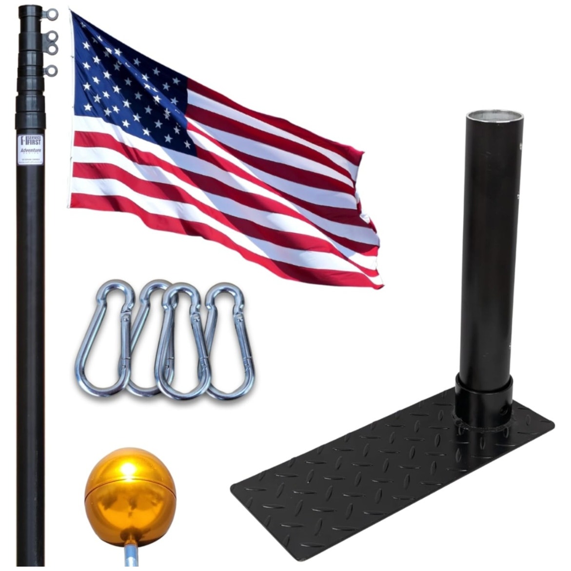 Service First Black Complete Tailgate Flag Pole Package 20FT Black with Stainless Steel Tire Mount