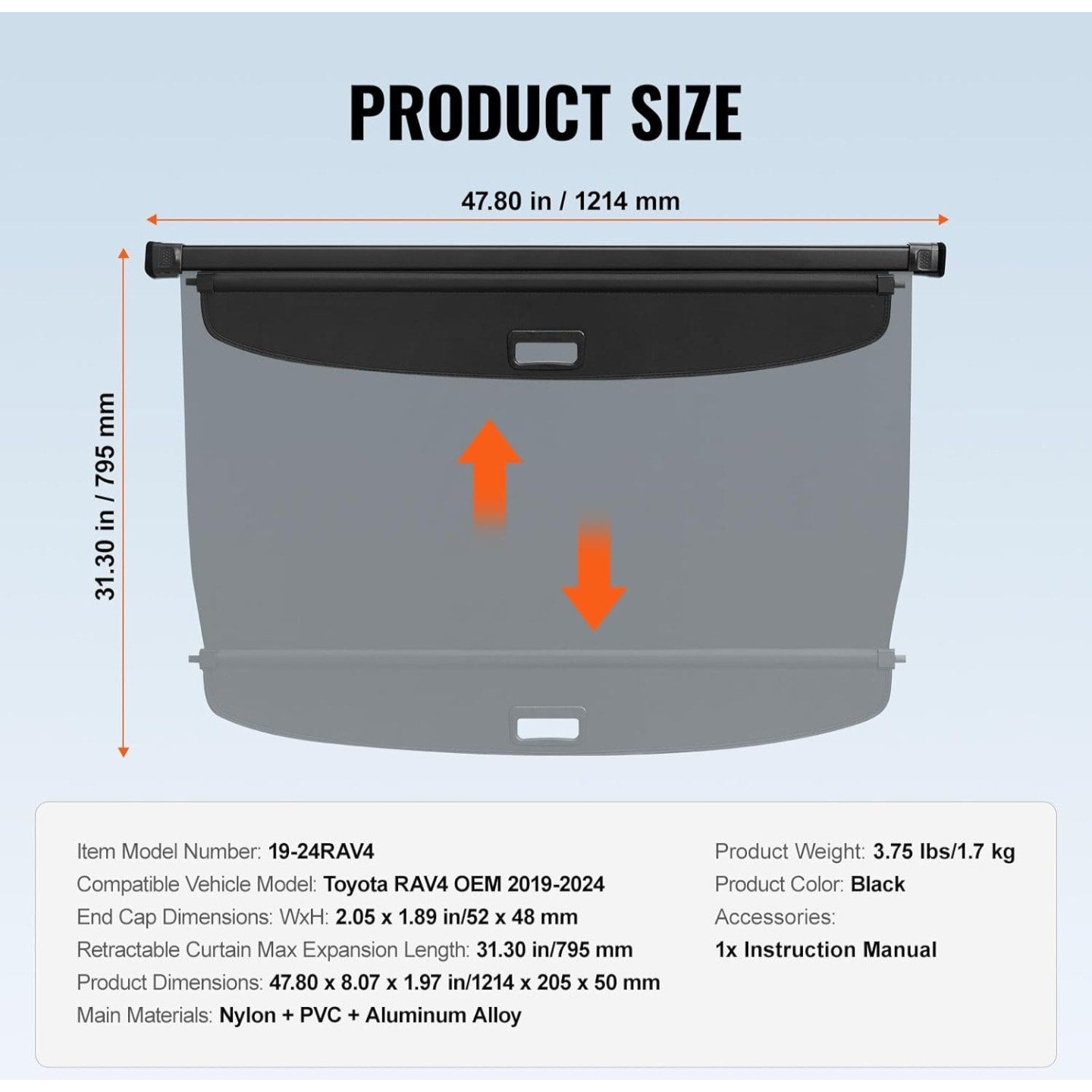 Cargo Cover for Toyota RAV4 2019-2024, Upgraded Waterproof Retractable Trunk Cover Security Shield Shade for Toyota, UV Resistant Rear Trunk Cover with Aluminum Alloy & PVC Material