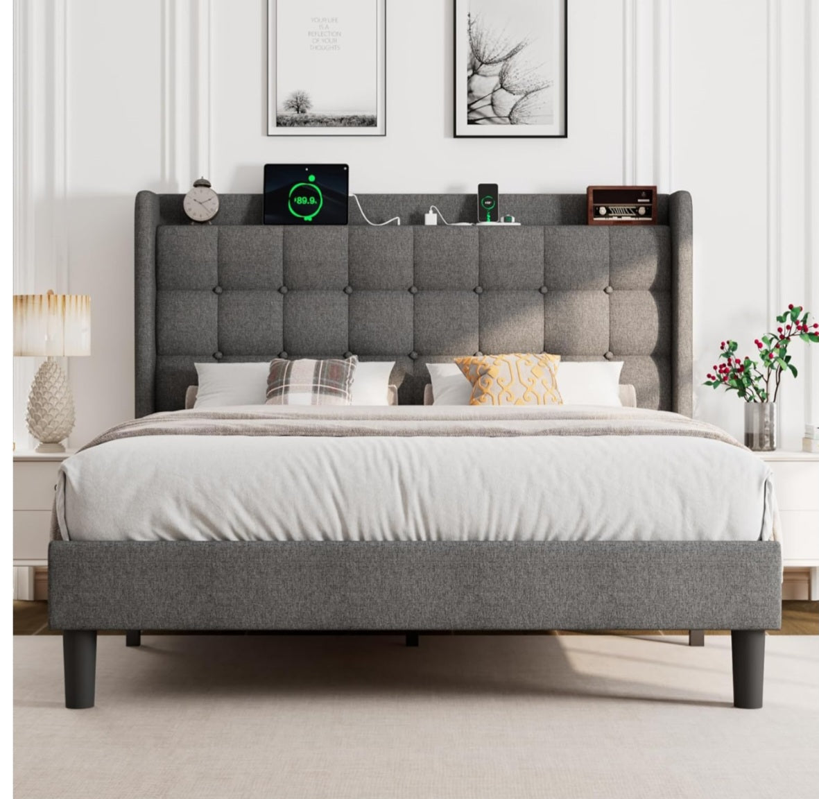 Full Size Bed Frame Drak Grey, Upholstered Platform Bed Frame with Charging Station, Modern Wingback Storage Headboard, Solid Wood Slats Support, No Box Spring Needed, Dark Grey