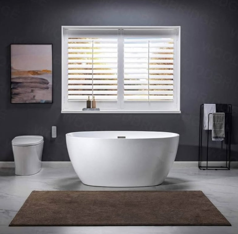 WOODBRIDGE 55 Acrylic Freestanding Bathtub Contemporary Soaking White Tub with Brushed Nickle Overflow and Drain,B1418 -B/N-Drain &O