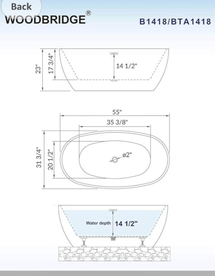 WOODBRIDGE 55 Acrylic Freestanding Bathtub Contemporary Soaking White Tub with Brushed Nickle Overflow and Drain,B1418 -B/N-Drain &O