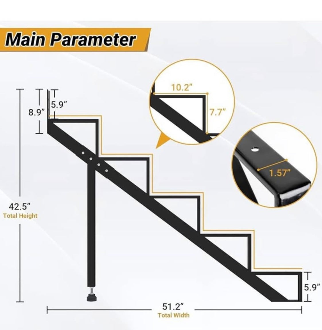 Steel Stair Step Riser 5-Step, Metal Stair Stringer with Reinforcing Support Legs, Heavy Duty Steel Stair Stringer for 42.5" Height Deck and Outdoor Steps (2 Pack)