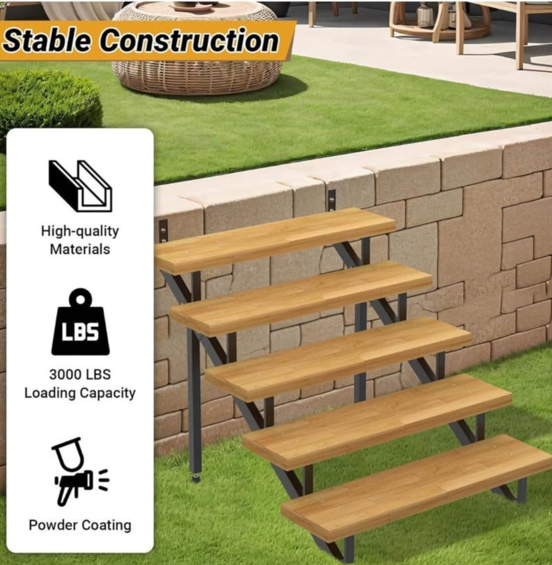 Steel Stair Step Riser 5-Step, Metal Stair Stringer with Reinforcing Support Legs, Heavy Duty Steel Stair Stringer for 42.5" Height Deck and Outdoor Steps (2 Pack)