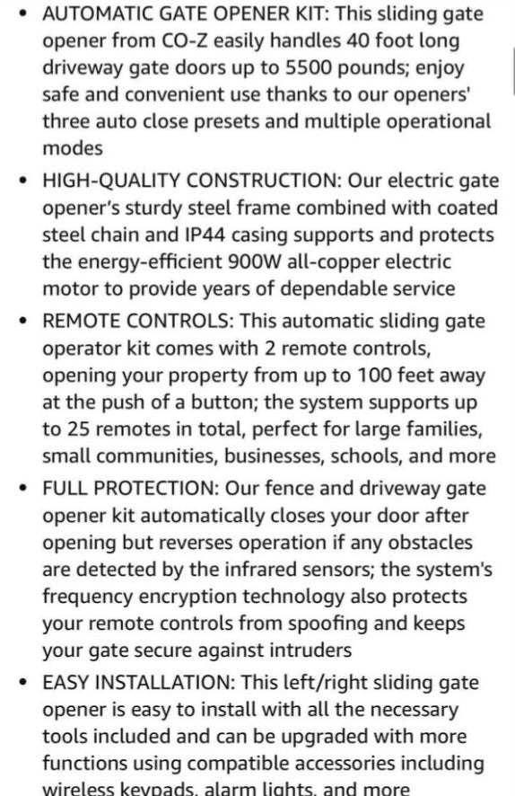 CO-Z CG5500 Automatic 5500 lb Sliding Gate Opener with 2 Remote Controls, Electric Rolling Driveway Fence Slide Gate Motor, Gate Operator Hardware Security System Kit for Sliding Gate Up to 40 Feet