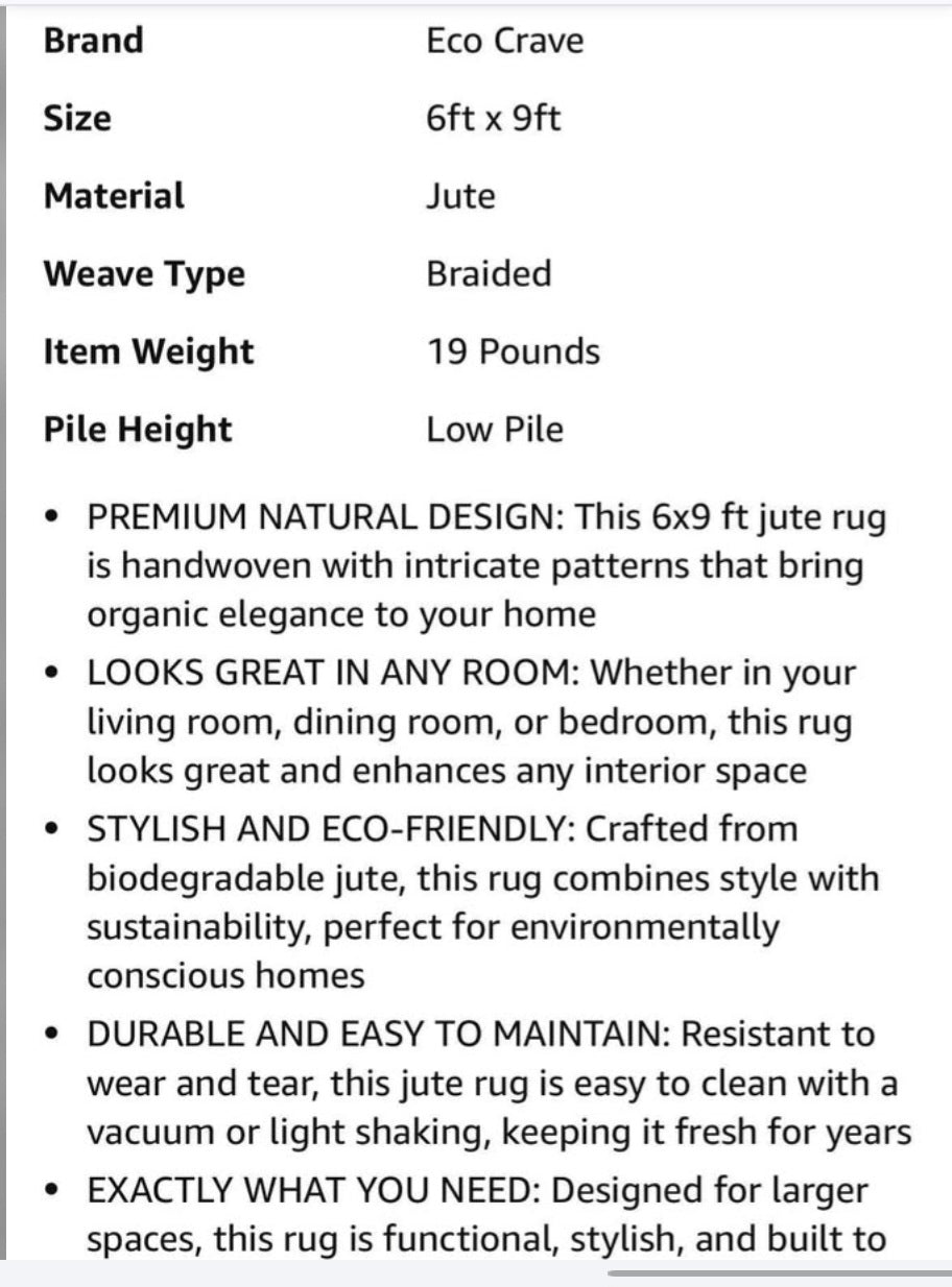 6x9 Ft Jute Natural Area Rug, Hand Woven Rug for Living Rooms, Kitchen, Bedroom & Dinings Premium Quality Home Decor (0.5 inch Thickness