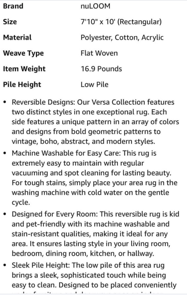 NuLOOM 7'10" x 10' Versa Collection Reversible SuperiorWash Area Rug, Machine Washable, Stain-Resistant, Easy Storage, Oeko-TEX Certified, Rashana Black/Cream