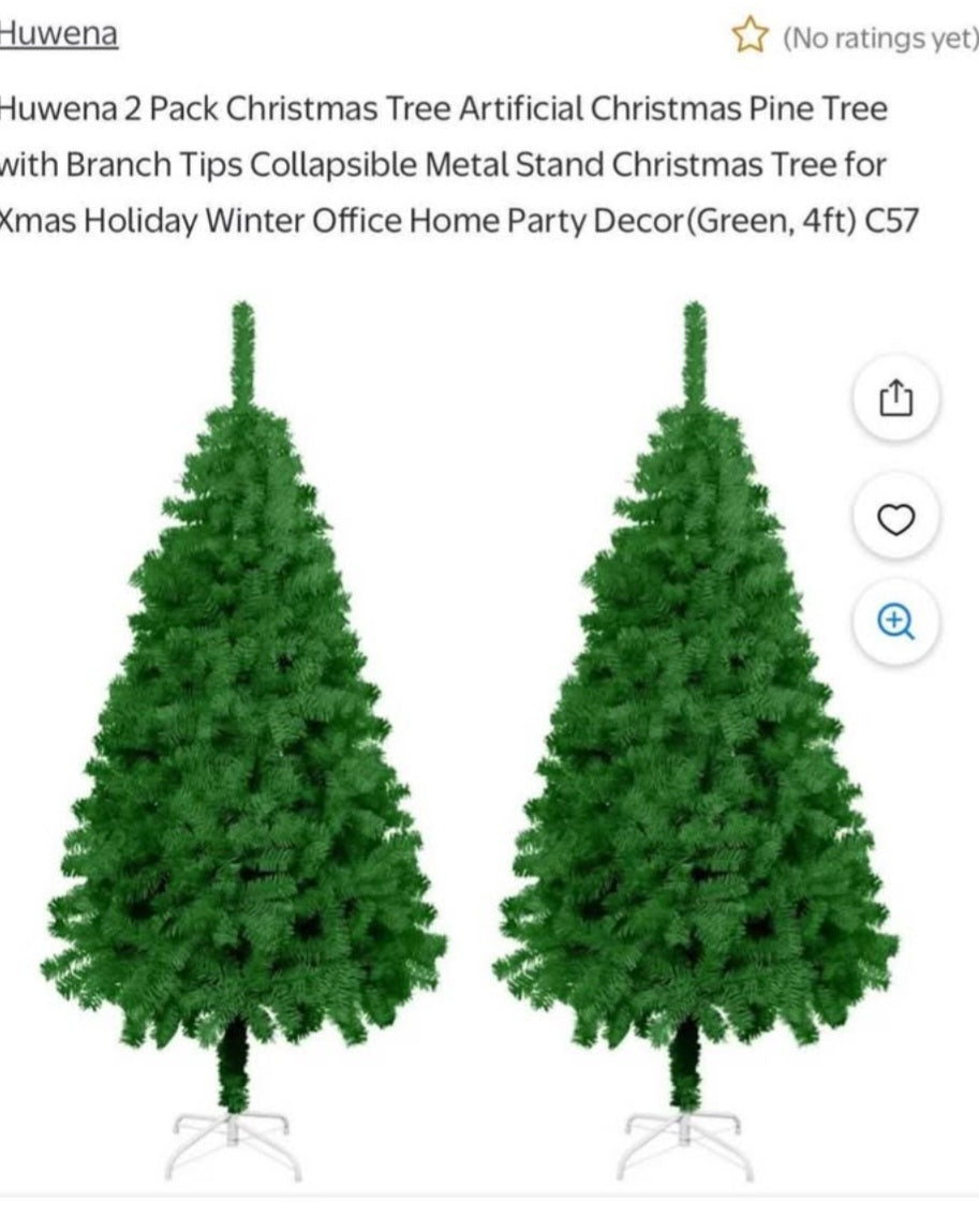 Huwena 2 Pack Christmas Tree Artificial Christmas Pine Tree with Branch Tips Collapsible Metal Stand Christmas Tree for Xmas Holiday Winter Office Home Party Decor(Green, 4ft) C57