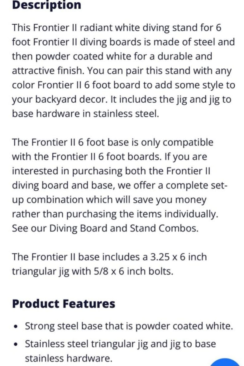 Frontier II Diving Stand for 6 Foot Frontier II Board - Radiant White - Includes Jig and Hardware