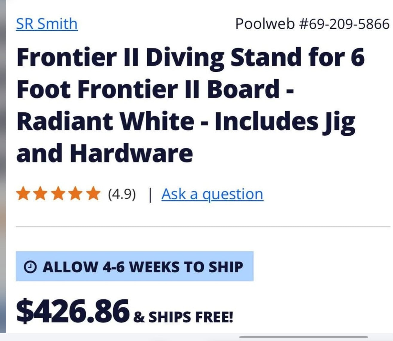 Frontier II Diving Stand for 6 Foot Frontier II Board - Radiant White - Includes Jig and Hardware