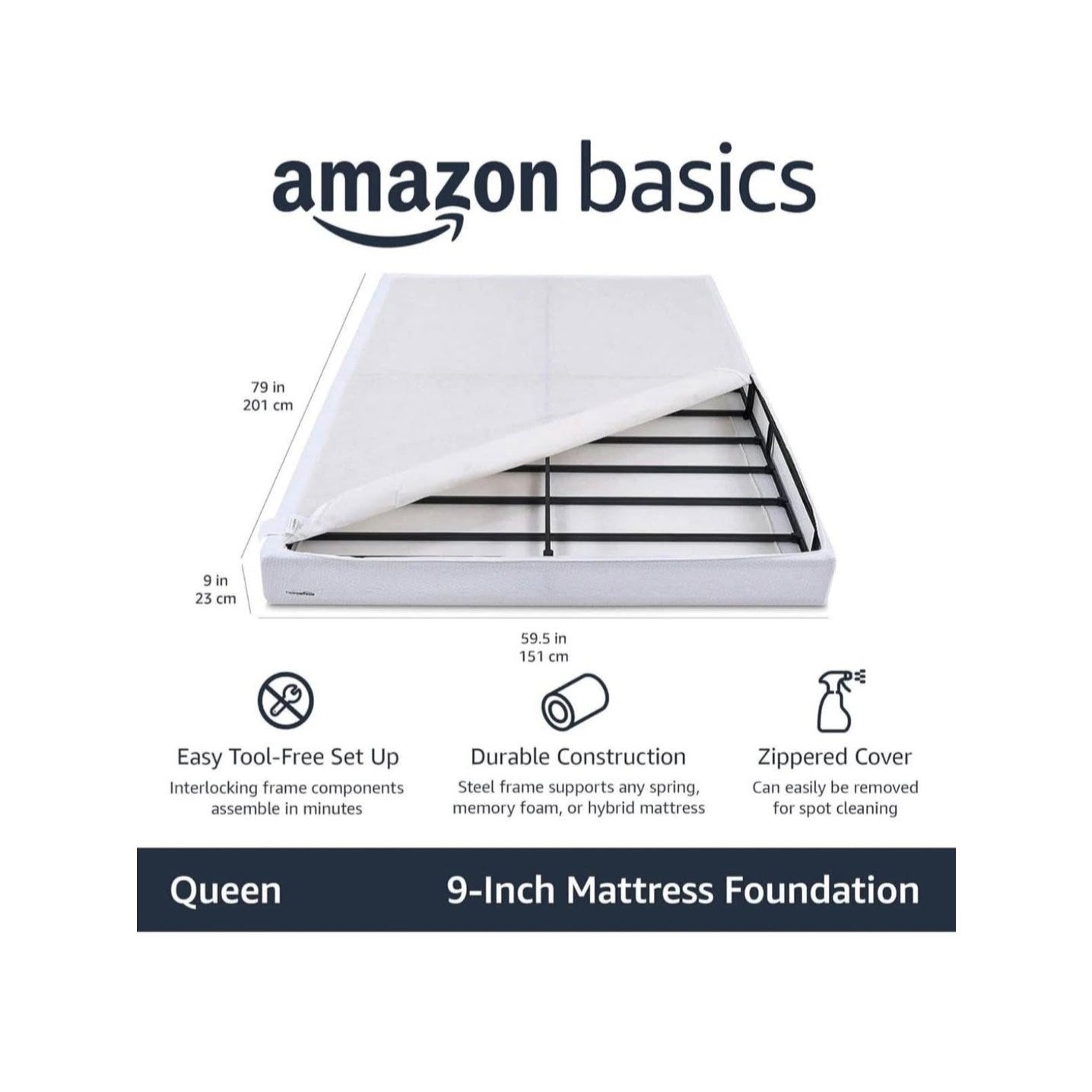 Amazon Basics Smart Box Spring Bed Base, 9-Inch Height Mattress Foundation, Tool-Free Easy