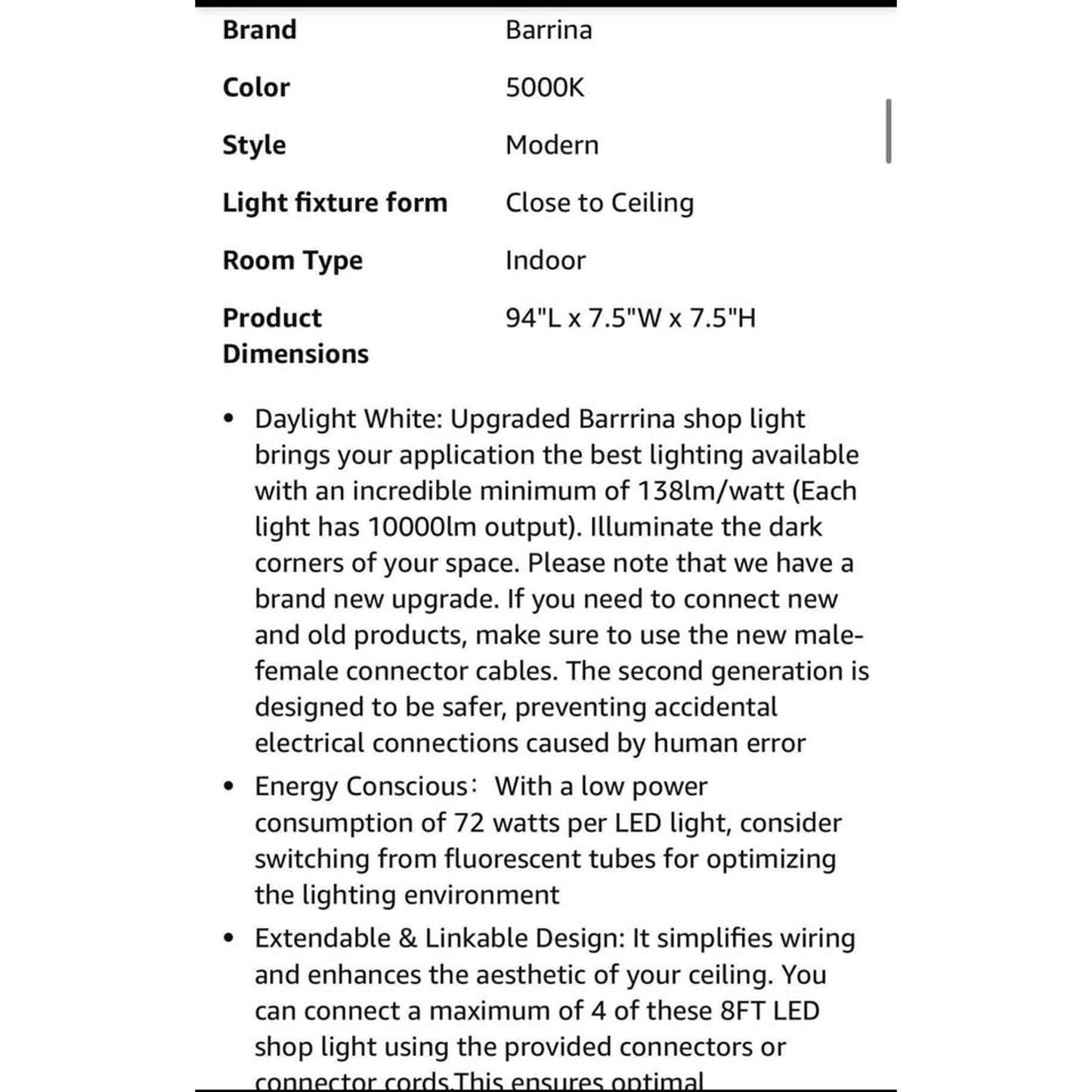 Barrina LED Shop Light, 8FT 72W 10000LM 5000K, Daylight White, V Shape, Clear Cover, Hight Output, L