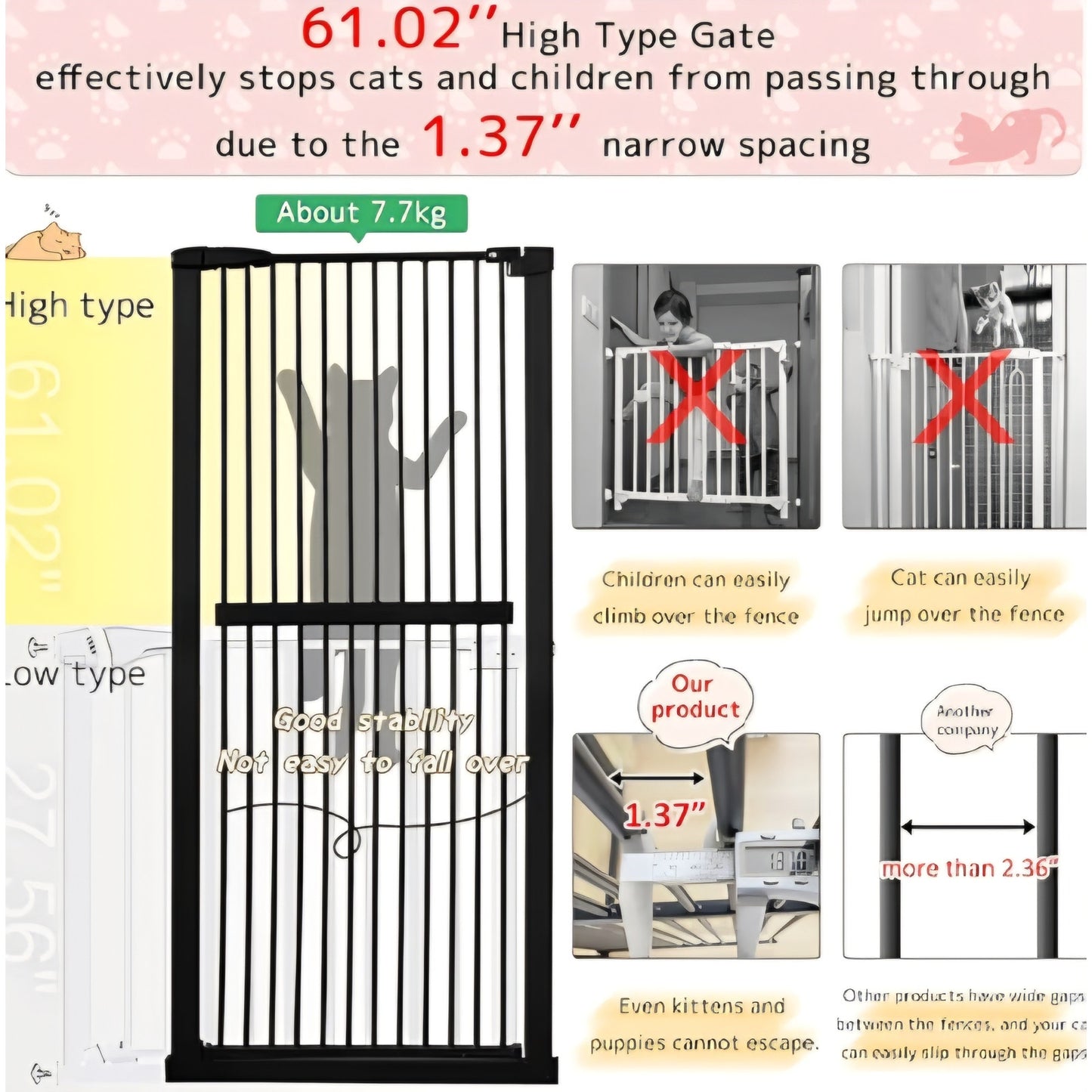 Lumizone Extra Tall Cat Gate 61.02" High Pressure Mounted Extra Wide 30.12"-34.05" (17Sizes) 1.37"